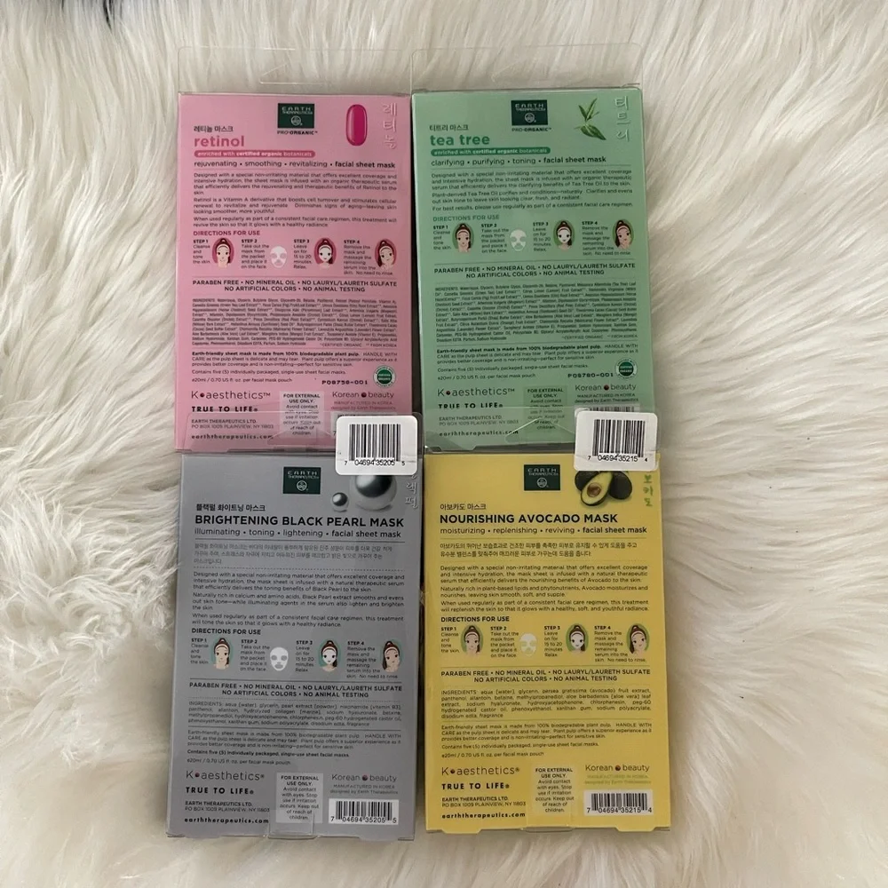 4 pack 20 pieces Earth Therapeutics Facial Sheet Skin Masks From Korea